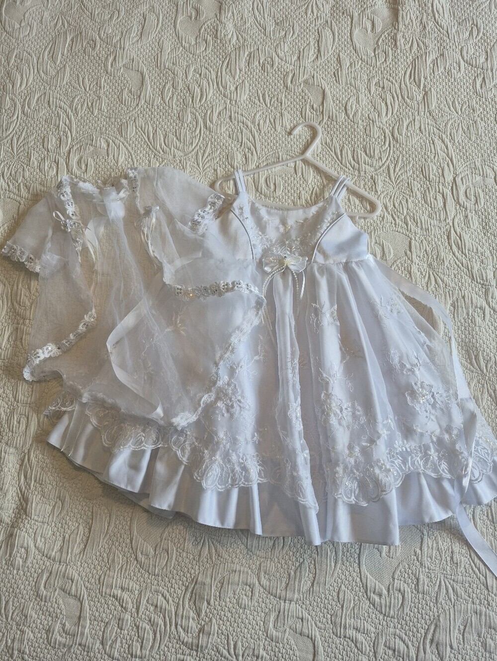 Angels New York girls size 1 white dress, beads & embroidery over jacket EUC